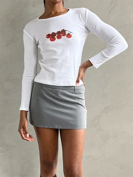 Mxiqqpltky/ Женские футболки с длинным рукавом, милые рубашки с круглым вырезом и принтом вишни, Модный приталенный пуловер, верхняя блузка, уличная одежда Y2k
