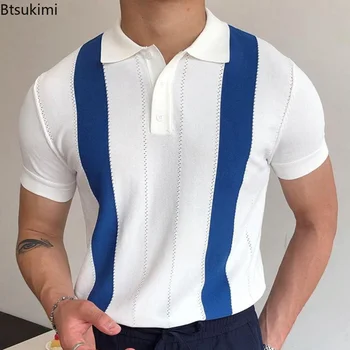 Новая мужская летняя футболка 2023 года с коротким рукавом в белую полоску, приталенная деловая официальная футболка-поло для мужчин, модная мужская одежда для гольфа