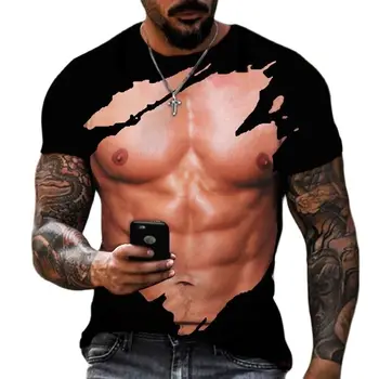 Летняя мужская футболка с забавным мышечным принтом, Мужская футболка большого размера с коротким рукавом, Повседневная мужская одежда с круглым вырезом
