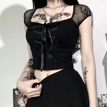 Y2K Harajuku Черный облегающий укороченный готический топ, винтажная сексуальная эстетичная футболка с коротким рукавом, модные женские топы в стиле панк