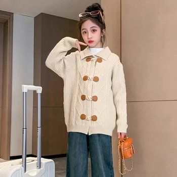 Корейский Весенне-осенний Детский свитер для девочек, пальто для девочек-подростков с роговыми пуговицами, однобортный вязаный топ, Трикотаж для школьниц