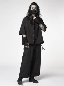 Рубашка в стиле Ямамото, Темная мужская повседневная модная рубашка, маленькая, свободная с открытыми плечами