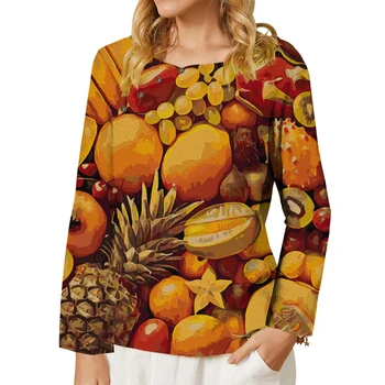 CLOOCL Модная женская футболка с изображением фруктов, нарисованная маслом, с 3D-принтом, украшенная пуговицами, футболка с длинным рукавом, футболки с каваи большого размера, топы