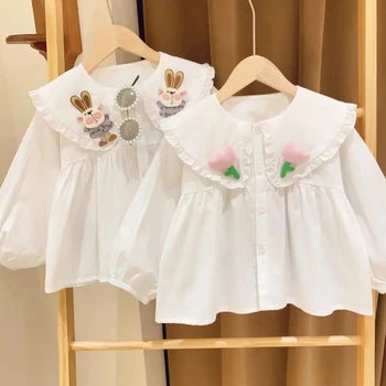 Корейская детская одежда, вестернизированная рубашка с лацканами для девочек, Весенняя новая Детская белая рубашка с длинными рукавами, осенний детский топ для девочек