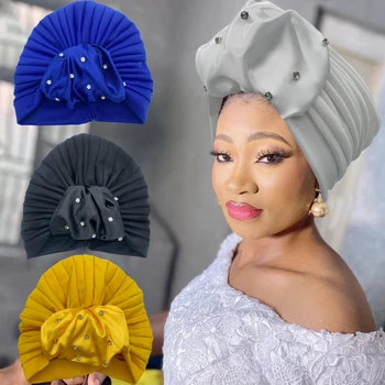 Модный Африканский головной убор со стразами, мусульманская шляпа, Нигерийский головной убор 2023, Новый Атласный плиссированный тюрбан с оборками, кепка для женщин
