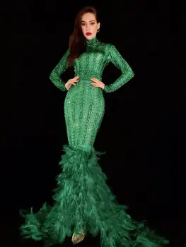 Сексуальное блестящее зеленое платье из перьев для вечеринок, сценических шоу, певица super star носит длинные платья