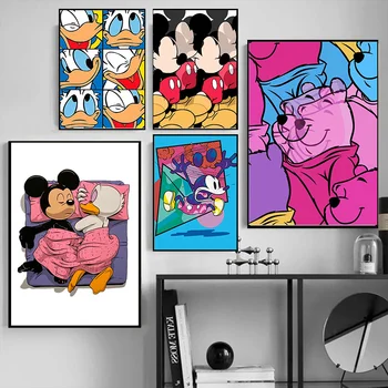 Плакаты с Микки Маусом из мультфильма Диснея, Мишкой Пухом, Красочные принты, картины на холсте, настенные рисунки для домашнего декора комнаты.