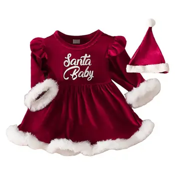 Рождественский костюм Санта-Клауса для новорожденных девочек контрастного цвета, платье-комбинезон трапециевидной формы с длинным рукавом и круглым вырезом и шляпа