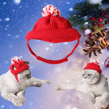 Рождественская красная шапочка для домашних животных Теплый вязаный шерстяной Санта с отверстиями для ушей для кошки Собаки щенка