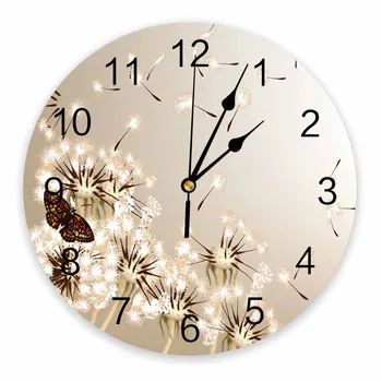 Декоративные круглые настенные часы с бабочкой-одуванчиком и растением индивидуального дизайна, не тикающие, бесшумные Большие настенные часы для спален