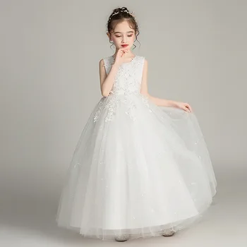 Элегантное новое поступление, белые платья в цветочек для девочек, детское праздничное длинное платье, детское свадебное бальное платье на День рождения