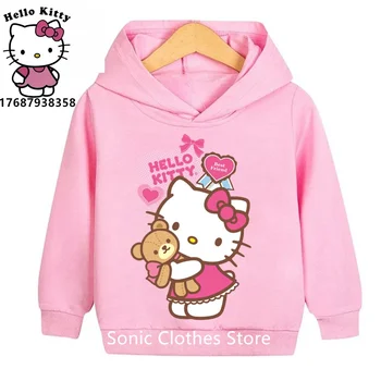 Hello Kitty Kawaii, Детская модная одежда для мальчиков, осенняя одежда для маленьких девочек, костюм кошки, детские толстовки, повседневные спортивные костюмы для малышей