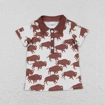 Оптовая продажа, детская рубашка-поло с короткими рукавами для маленьких мальчиков, футболка с лацканами в стиле Вестерн, коричневая корова, летняя одежда