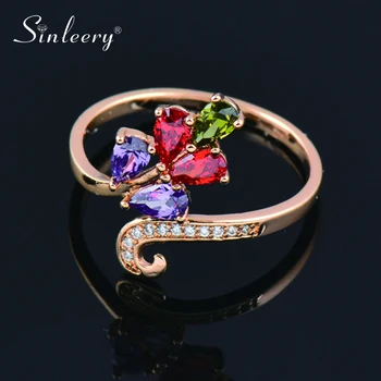 Обручальные кольца SINLEERY в форме цветочного листа для женщин, цвет желтого золота, фиолетовый, красный, зеленый, обручальные кольца с цирконием, ювелирные изделия