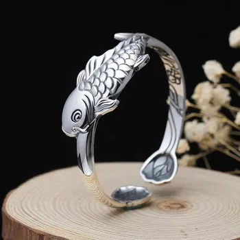 Посеребренные браслеты в этническом стиле Ретро с рыбками Кои и лотосом, Женский браслет-манжета, Модный ювелирный подарок для девочек