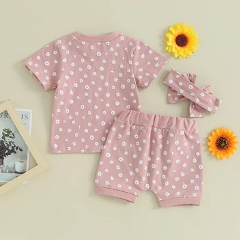 Одежда для маленьких девочек, летняя одежда для младенцев, футболка с коротким рукавом и цветочным принтом, топ, шорты, летний комплект одежды