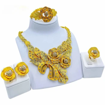 Женское ожерелье, серьги, кольцо, браслет, ювелирные наборы, Подвеска из циркона, позолоченный Роскошный набор украшений для вечеринки в нигерийском стиле в Дубае