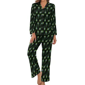 Пижама с павлиньими перьями, пижама с животным принтом для отдыха, V-образный вырез, женский комплект пижам Kawaii из двух частей с графическим рисунком и длинным рукавом