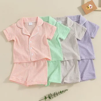 Комплекты с короткими рукавами для девочек и мальчиков, летняя одежда, рубашка на пуговицах с коротким рукавом и эластичной резинкой на талии, клетчатые шорты, одежда для малышей