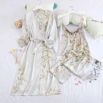 Корейская версия пижамы, Сладкий Цветочный пижамный костюм из 3шт, Атласный Женский комплект для сна, домашняя одежда, сексуальная Длинная ночная рубашка с V-образным вырезом, пижама