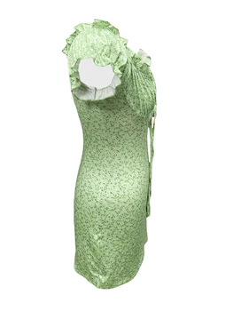 Женское платье с открытыми плечами и цветочным рисунком, Летнее Зеленое платье с коротким рукавом и открытой спиной, Короткое повседневное облегающее платье