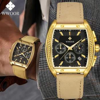 WWOOR Новые Деловые часы для мужчин, хронограф, Роскошные часы, мужские спортивные кварцевые наручные часы, кожаные водонепроницаемые часы Relogio Masculino
