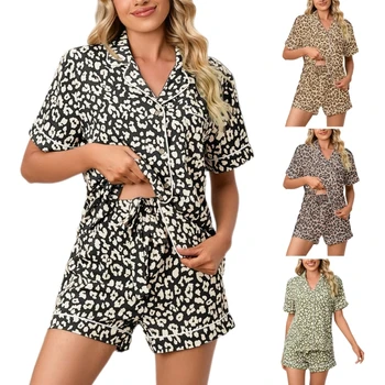 Q1FA Женские пижамные комплекты, комплекты с коротким рукавом, пижамы, повседневные пижамы из двух частей, летние короткие пижамы для отдыха