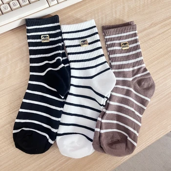 Персонализированные Европейские носки в полоску, Носки с металлической этикеткой и буквами, Модные дизайнерские носки Cute Sox Cozy Crew