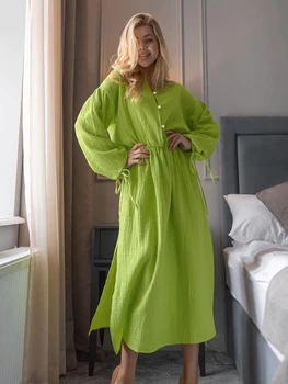 Marthaqiqi, Свободное женское ночное белье, ночные рубашки с круглым вырезом, Пижамы с длинным рукавом, Сексуальное платье с разрезом до середины икры, Повседневная домашняя одежда для женщин