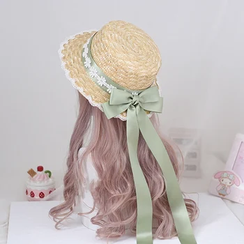 Японская соломенная шляпа от солнца в стиле Лолиты, капор Sweet Mori Girl, кружевная лоскутная лента, повязка с бантом, широкие поля, Элегантная плоская кепка для чаепития