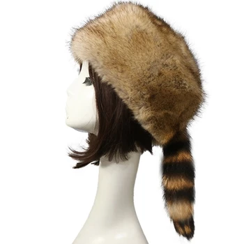 Зимняя шапка из искусственного меха с хвостом енота, русская Круглая Плоская верхняя часть для защиты ушей, толстая шапка
