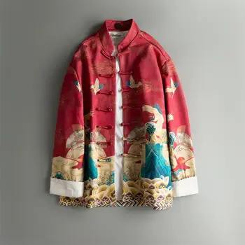 Высококачественный воротник-стойка в этническом стиле, пуговицы ручной работы, пиджак с принтом Журавля, мужская уличная одежда, пальто в китайском стиле 5XL