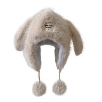Шапка-бомбер из меха Кролика, головной убор с черепом, головной убор для улицы, длинные уши Кролика, Хэллоуин, Шапка-бини большого размера M6CD