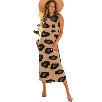 Ветровое Леопардовое платье с разрезом сбоку и открытой спиной Без рукавов Женское платье с животным принтом Свободного кроя Длинное