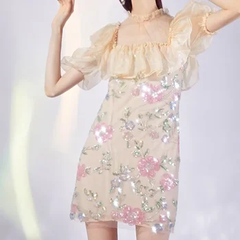 Женское платье 2024, стильное платье с квадратным вырезом и блестками, Корейская тяжелая промышленность, официальное мероприятие, выпускной вечер, Изысканные Оригинальные платья для женщин