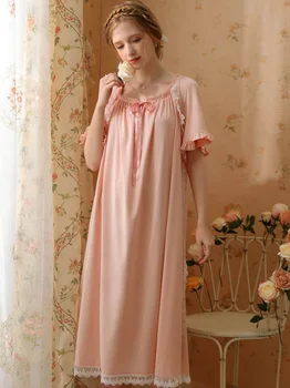 Женская летняя пижама с коротким рукавом, Винтажные ночные рубашки Принцессы, пижамы для милых девушек, Свободное ночное платье с оборками и завязками на шнурке.