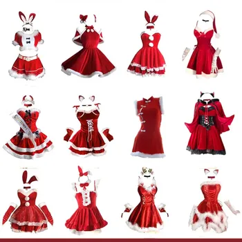 Рождественская Сексуальная Плюшевая униформа для девочек-кроликов, костюм для косплея, Бархатное Новогоднее Красное платье, Ночная рубашка, Наряды для ролевых игр, Нижнее белье для девочек