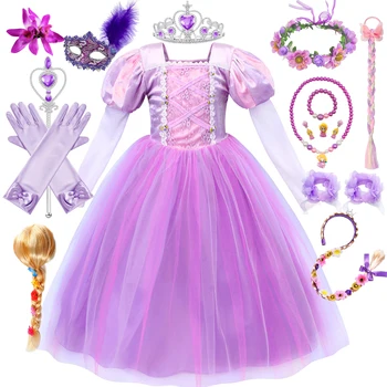 Платье Рапунцель для девочки, детский костюм принцессы на Хэллоуин, косплей, подарок на День рождения, фиолетовая зимняя бархатная сетчатая одежда