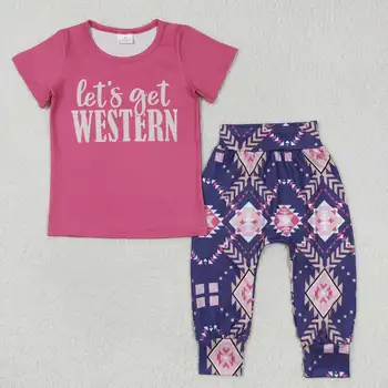 Оптовая продажа, Розовая рубашка для маленьких девочек, Топы, Ацтекские Штаны, Комплект в стиле Вестерн для малышей, Детская одежда с короткими рукавами