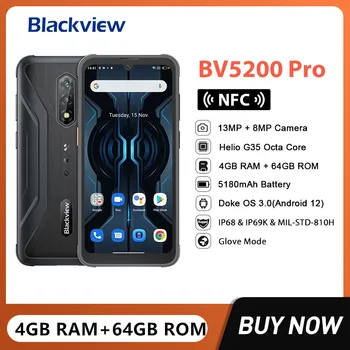 Blackview BV5200 Pro Прочные Смартфоны Восьмиядерный 4 ГБ + 64 ГБ 6,1-дюймовый HD 13-Мегапиксельная Камера Android 12 Мобильный Телефон Аккумулятор 5180 мАч NFC