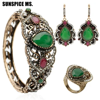 SUNSPICE-MS Турецкая смола, комплект ювелирных изделий из 3 предметов, антикварный Длинный Крючок, Большие Хрустальные висячие серьги, Цветочный браслет, браслет-манжета, Круглое кольцо