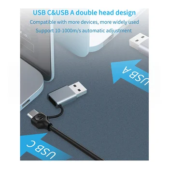Сетевой Адаптер USB A/USB C с двойным разъемом USB RJ45 Ethernet Адаптер Внешняя Сетевая Карта для Ноутбука Macbook (100 Мбит/с)