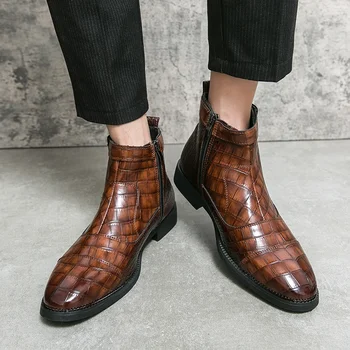 Мужские ботильоны коричневого, черного цвета, деловые мужские ботинки из искусственной кожи с круглым носком на молнии, Размер 38-48, мотоциклетные ботинки
