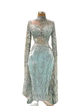 Звездное сценическое вечернее платье с вышитой аппликацией, Жемчужное свадебное платье с длинным рукавом синего цвета, Элегантное официальное вечернее платье 2023 года, Новое поступление