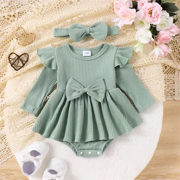 Милая одежда для маленьких девочек Mubineo, платье-ползунки, осенне-зимние наряды с оборками и длинным рукавом, базовая одежда для новорожденных из ребристой ткани