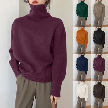 Женская одежда 2023, новые поступления, Женская мода, повседневный Однотонный Корейский модный пуловер с высоким воротом, свитер, топ