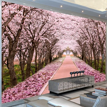 Обои Нестандартного размера 3D Романтическое расширение пространства Фреска из Вишневого дерева Гостиная телевизор Диван Картина для домашнего декора Papel De Parede 3D