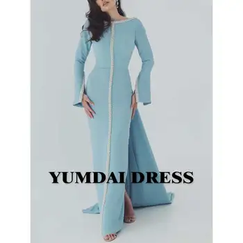 YUMDAI Великолепное Мусульманское вечернее платье Небесно-голубого цвета 2023 Женское Элегантное платье для новобрачных на свадьбе для официальных гостей с длинным рукавом и шлейфом