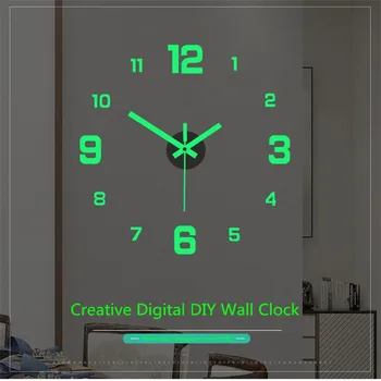 Современные настенные часы, светящиеся ночью, Бескаркасные настенные часы, цифровые часы, настенные наклейки, бесшумные часы для гостиной, домашний декор стен