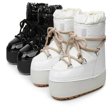 Фирменные зимние ботинки на шнуровке 2023, зимние женские нескользящие водонепроницаемые кожаные лыжные ботинки на платформе, женские толстые теплые хлопчатобумажные ботинки